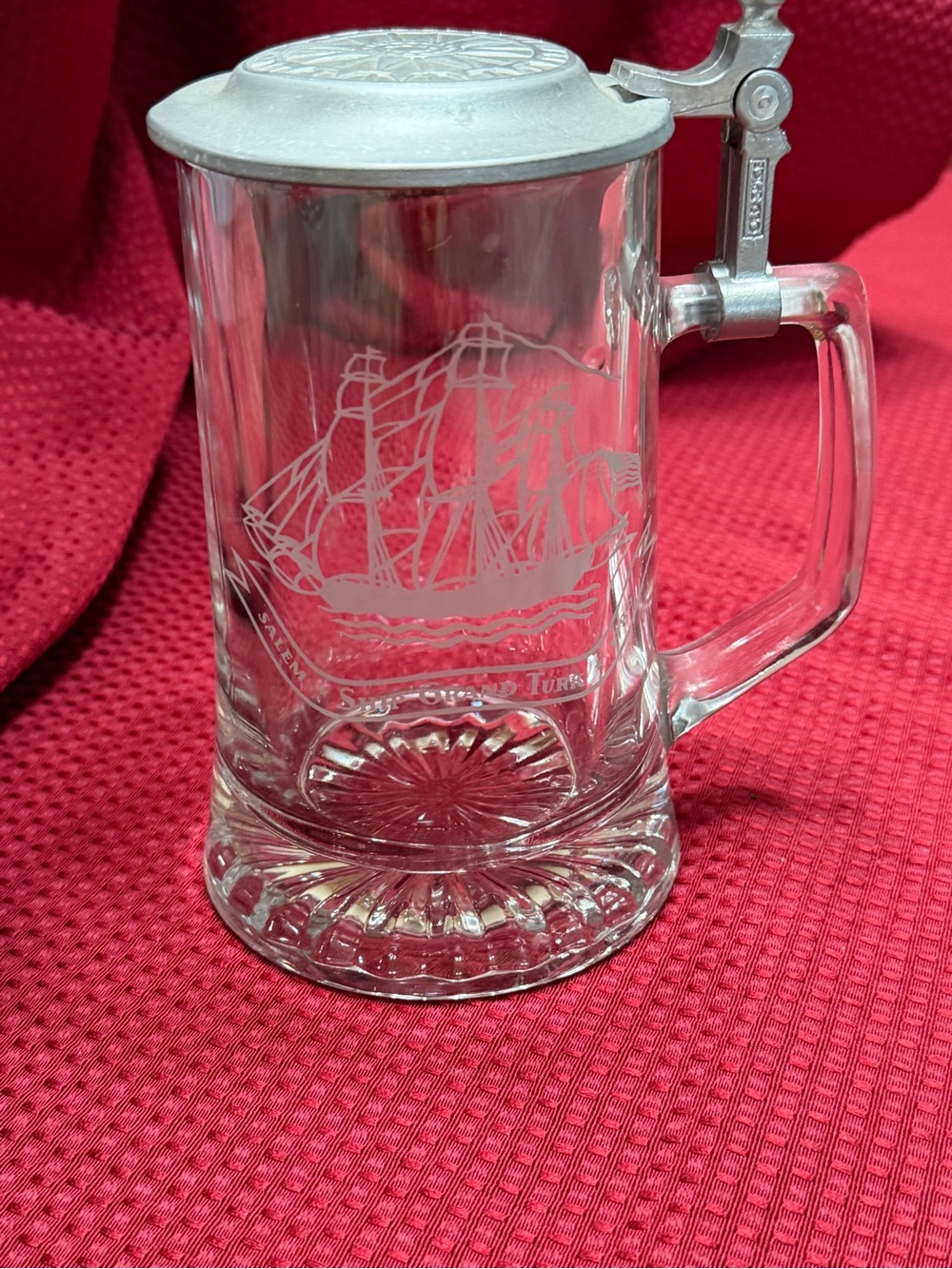 Etched Clear Glass Beer Stein with Pewter Lid - Clear